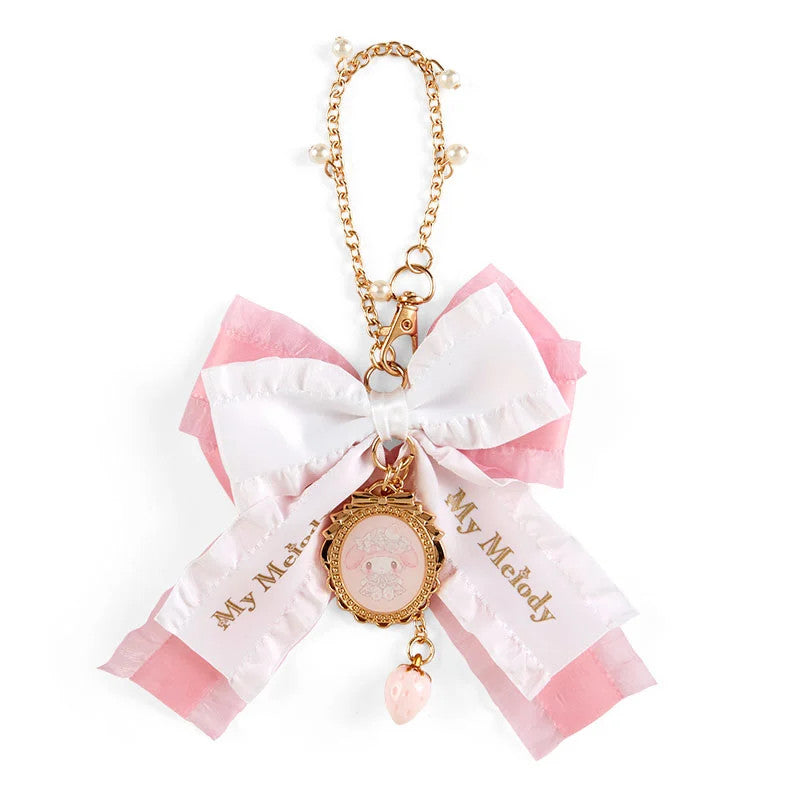 Japan Sanrio My Melody Ribbon Charm Keychain (White Strawberry Tea Time)