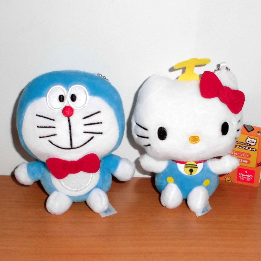 Japan Sanrio Hello Kitty x Doraemon Plush Doll Keychain Mascot Charm