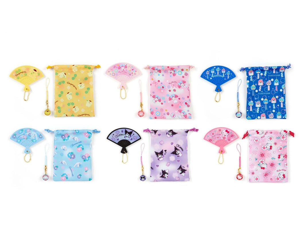 Japan Sanrio Hello Kitty / My Melody / Pompompurin / Cinnamoroll / Kuromi / Tuxedo Sam Mini Mirror Mascot Charm Drawstring Bag Set